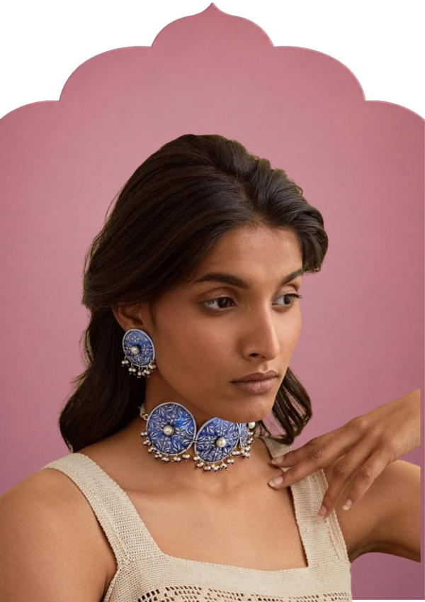 HANDCRAFTED BLUE CHOCKER WITH HANDPAINTED MINATURES