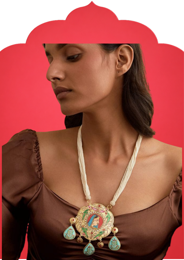 HANDCRAFTED LONG PENDENT NECKLACE WITH TANJOR GOLD ART MINATURE