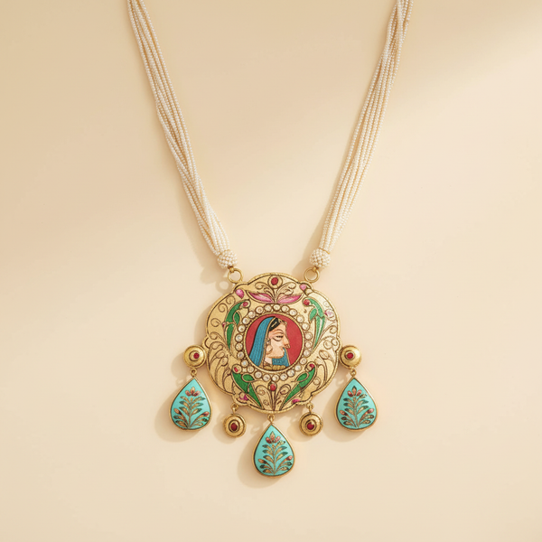 Handcrafted long pendant necklace with Tanjore gold art miniature product image